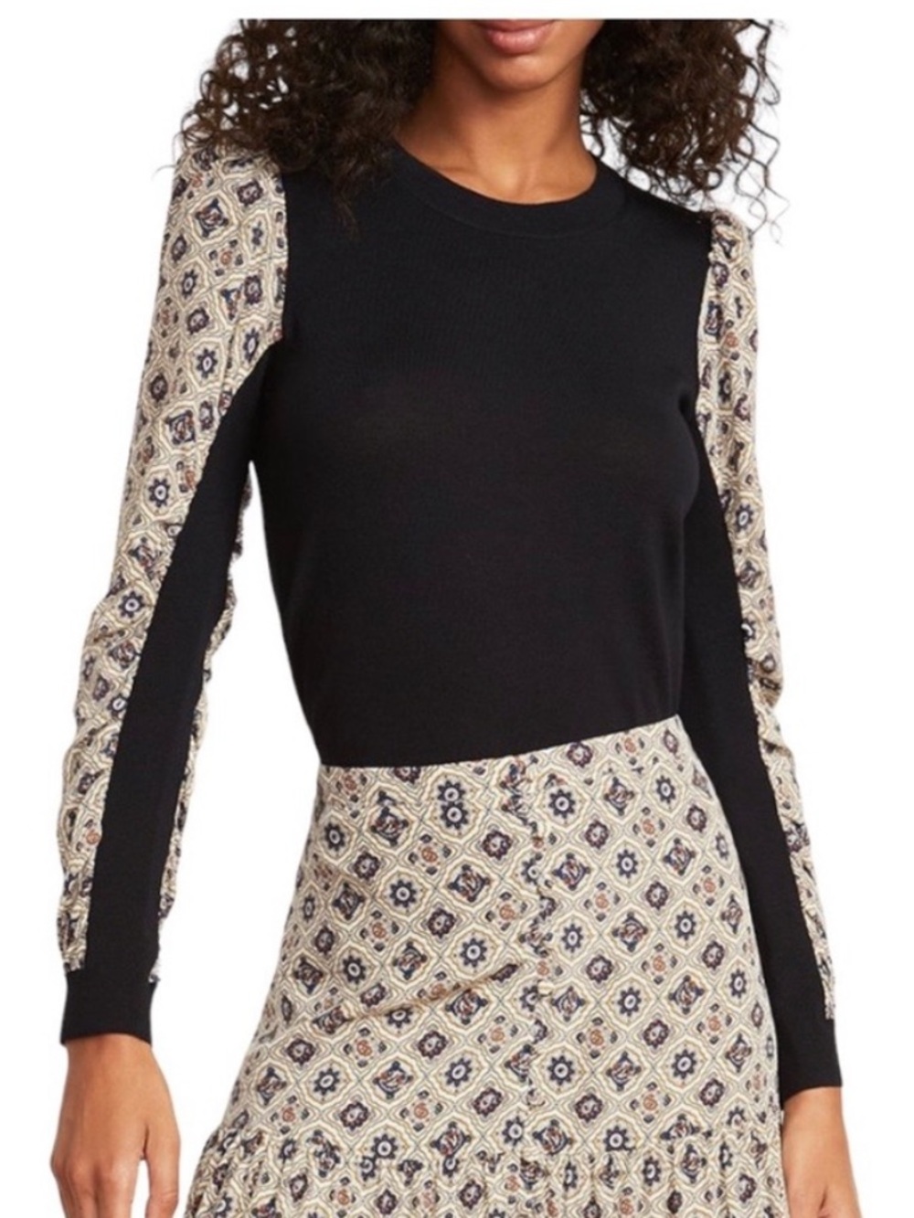 Veronica Beard Adler Mixed Media Sweater Black Wool Tribal Silk Sleeves Small